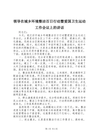 领导在城乡环境整洁百日行动暨爱国卫生运动工作会议上的讲话