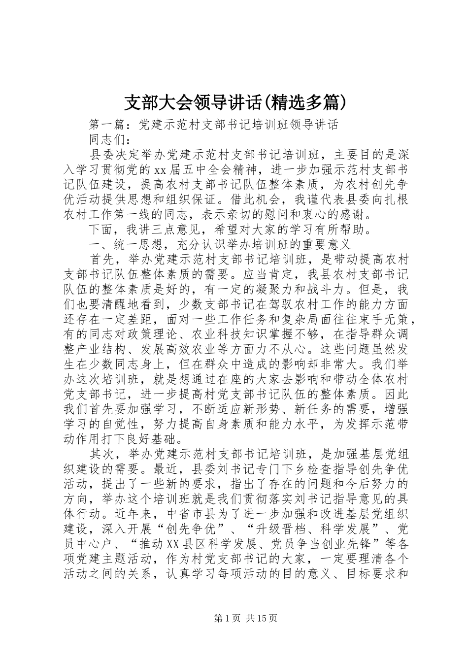 支部大会领导讲话(精选多篇)_第1页