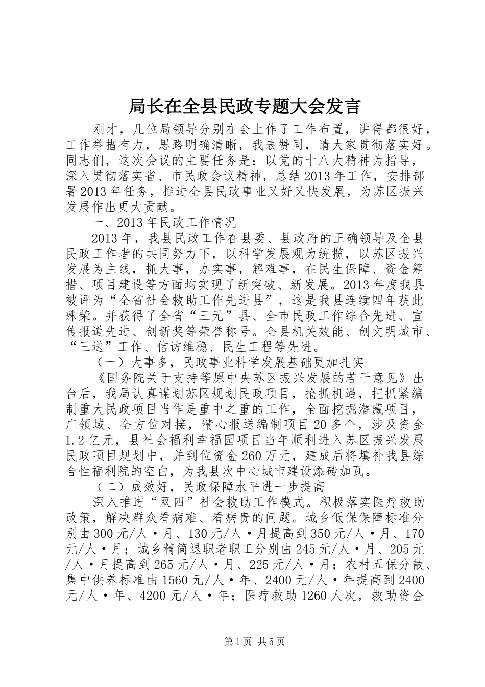 局长在全县民政专题大会发言_第1页