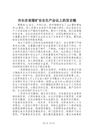 市长在省煤矿安全生产会议上的发言稿