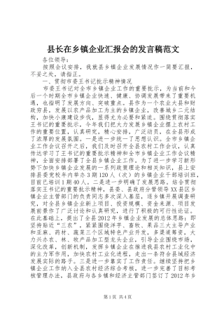 县长在乡镇企业汇报会的发言稿范文