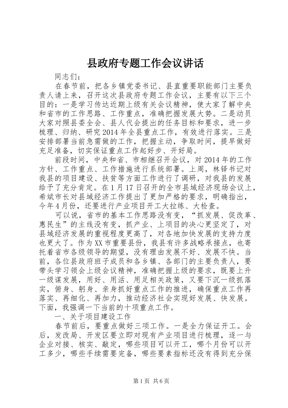 县政府专题工作会议讲话_第1页
