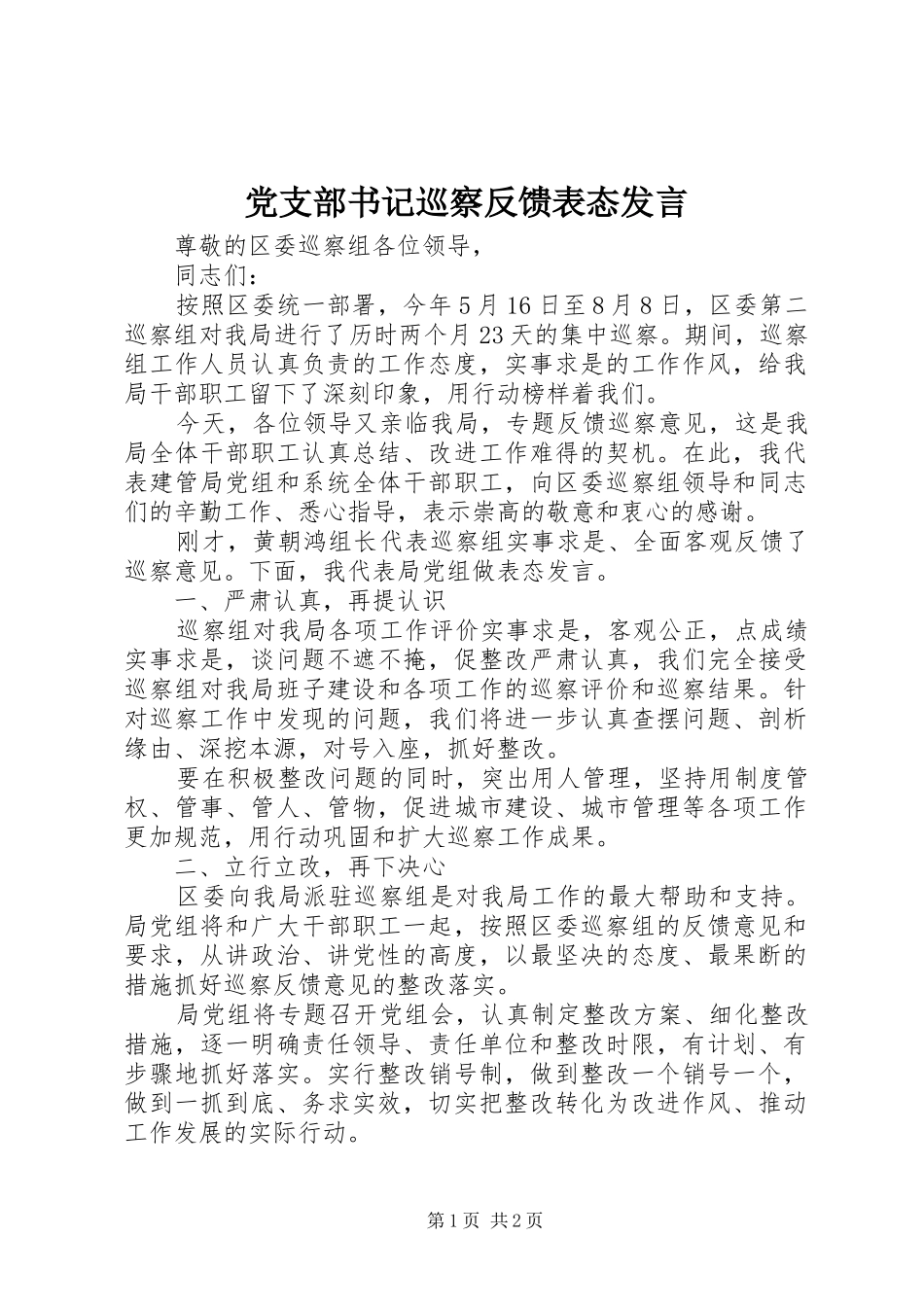 党支部书记巡察反馈表态发言_第1页