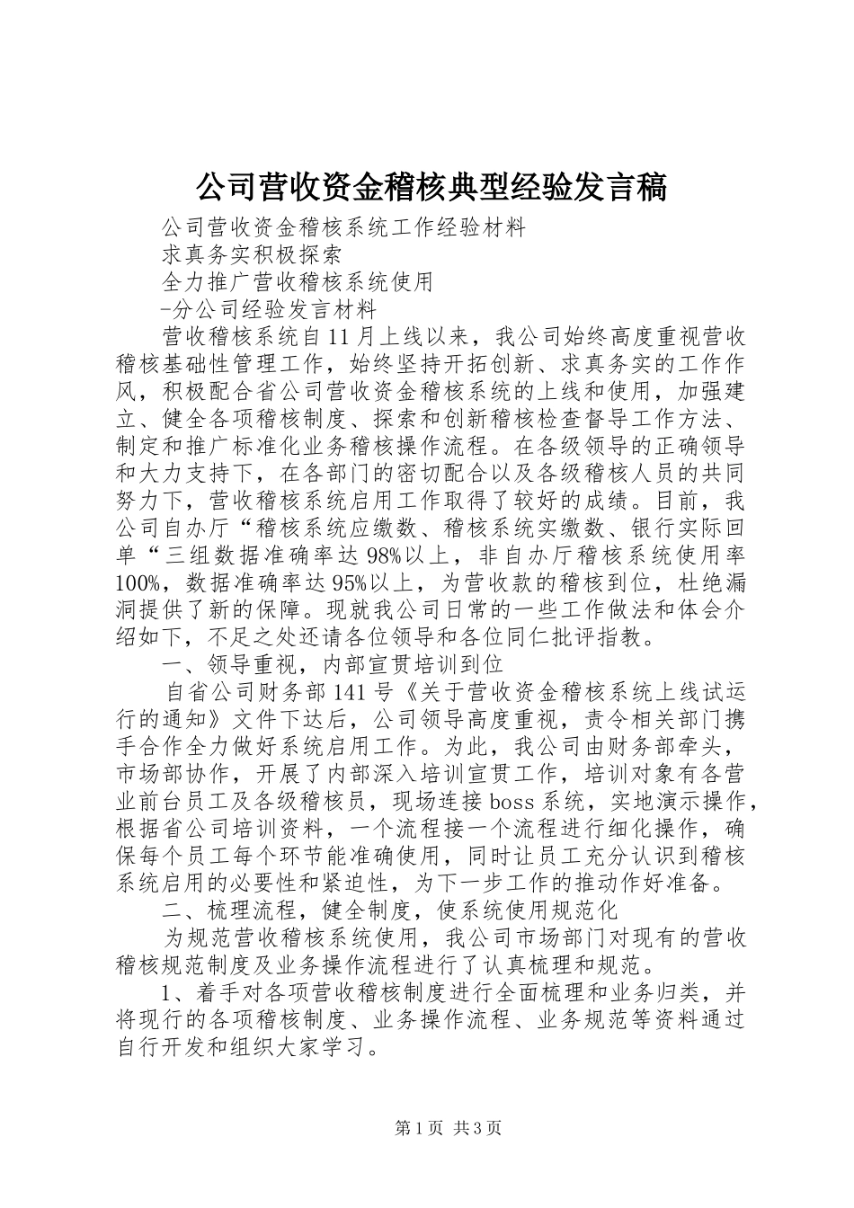 公司营收资金稽核典型经验发言稿_第1页