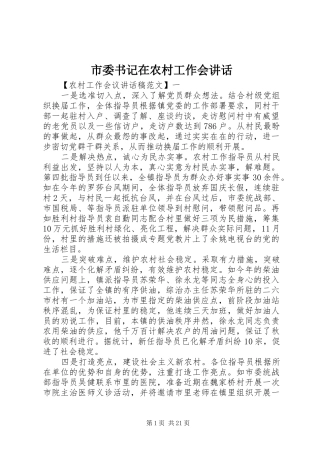 市委书记在农村工作会讲话