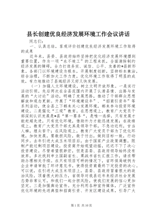 县长创建优良经济发展环境工作会议讲话