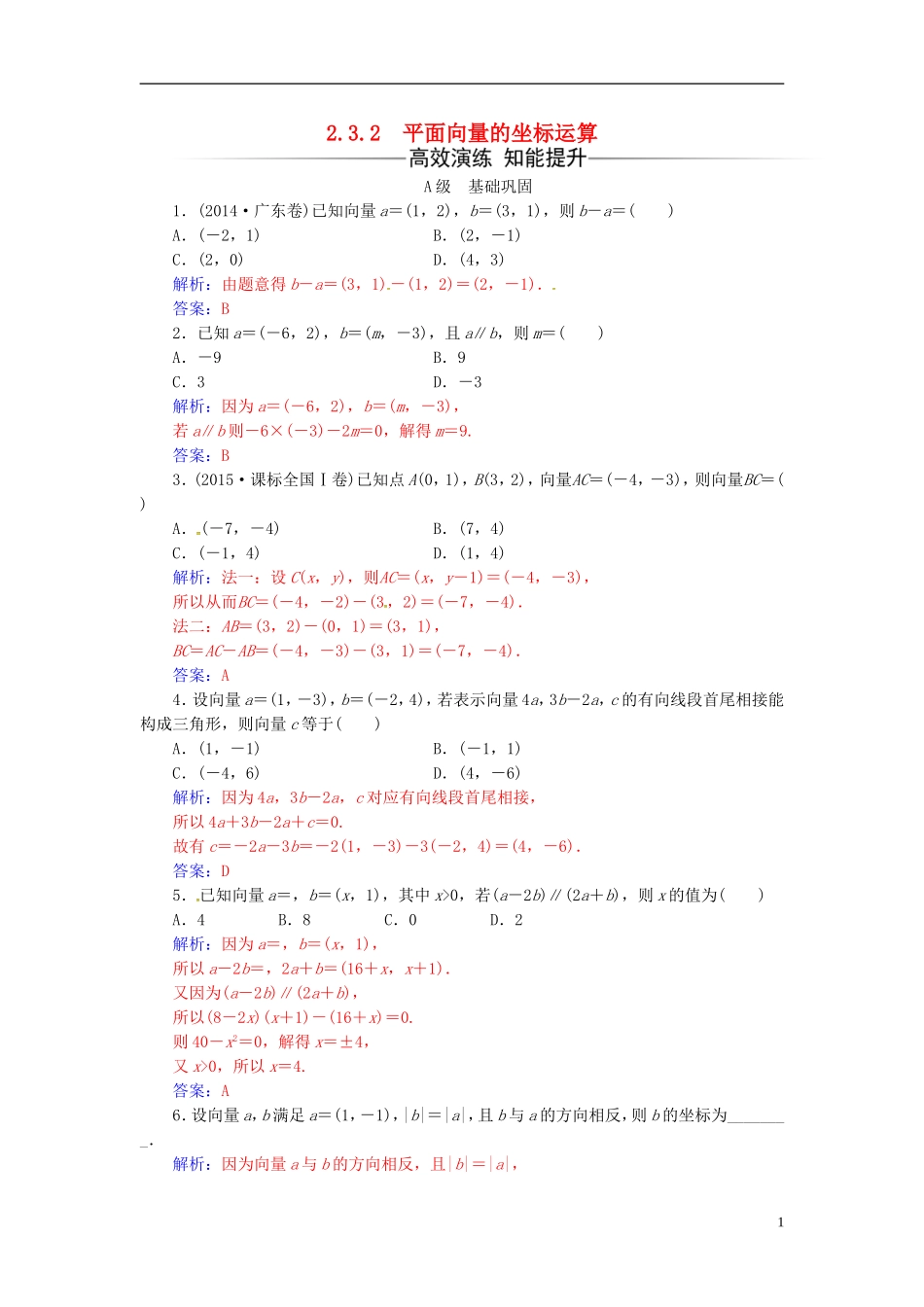 高中数学 第2章 平面向量 2.3-2.3.2 平面向量的坐标运算练习 苏教版必修4-苏教版高二必修4数学试题_第1页