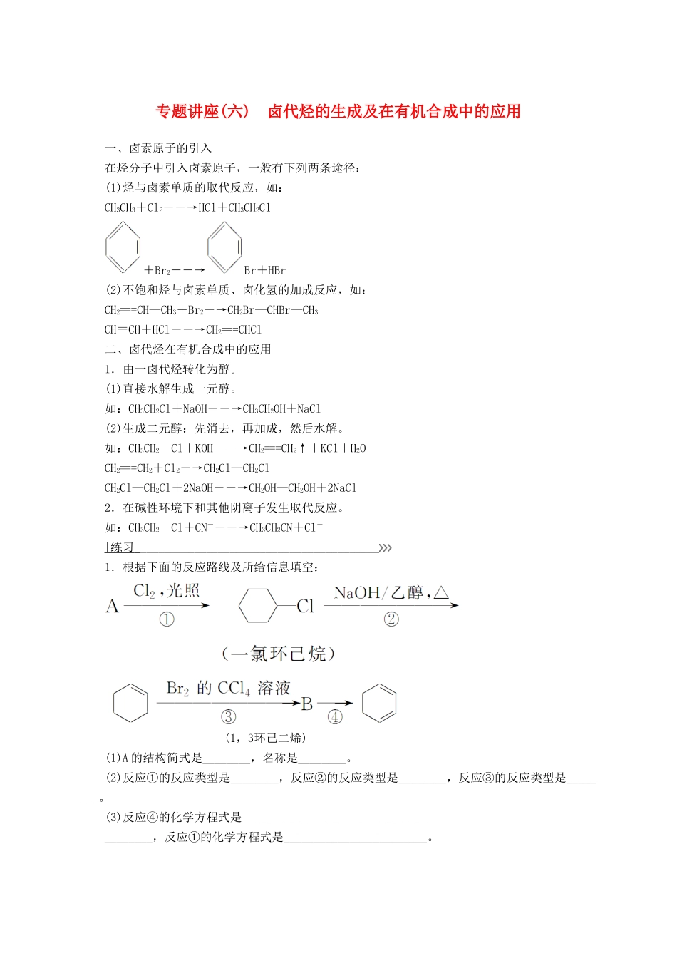 高中化学 专题讲座（六）卤代烃的生成及在有机合成中的应用 新人教版选修5-新人教版高二选修5化学试题_第1页