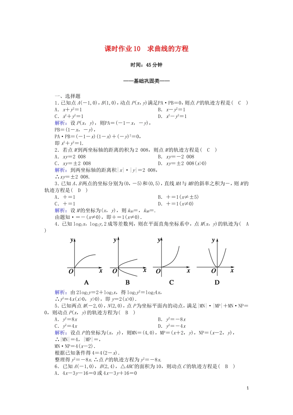 高中数学 第二章 圆锥曲线与方程 课时作业10 2.1.2 求曲线的方程（含解析）新人教A版选修2-1-新人教A版高二选修2-1数学试题_第1页