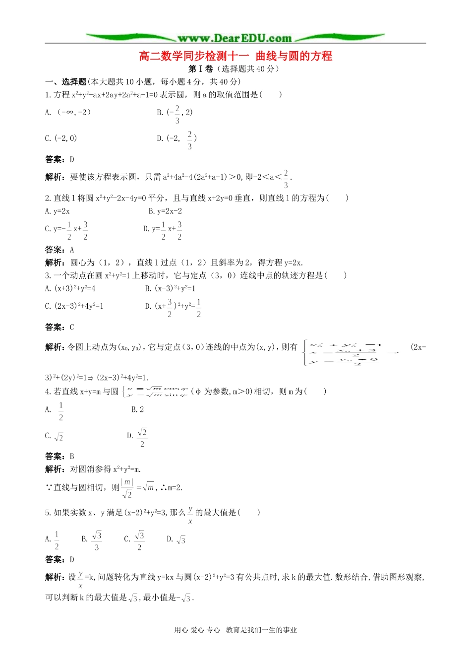 高二数学同步检测十一 曲线与圆的方程_第1页