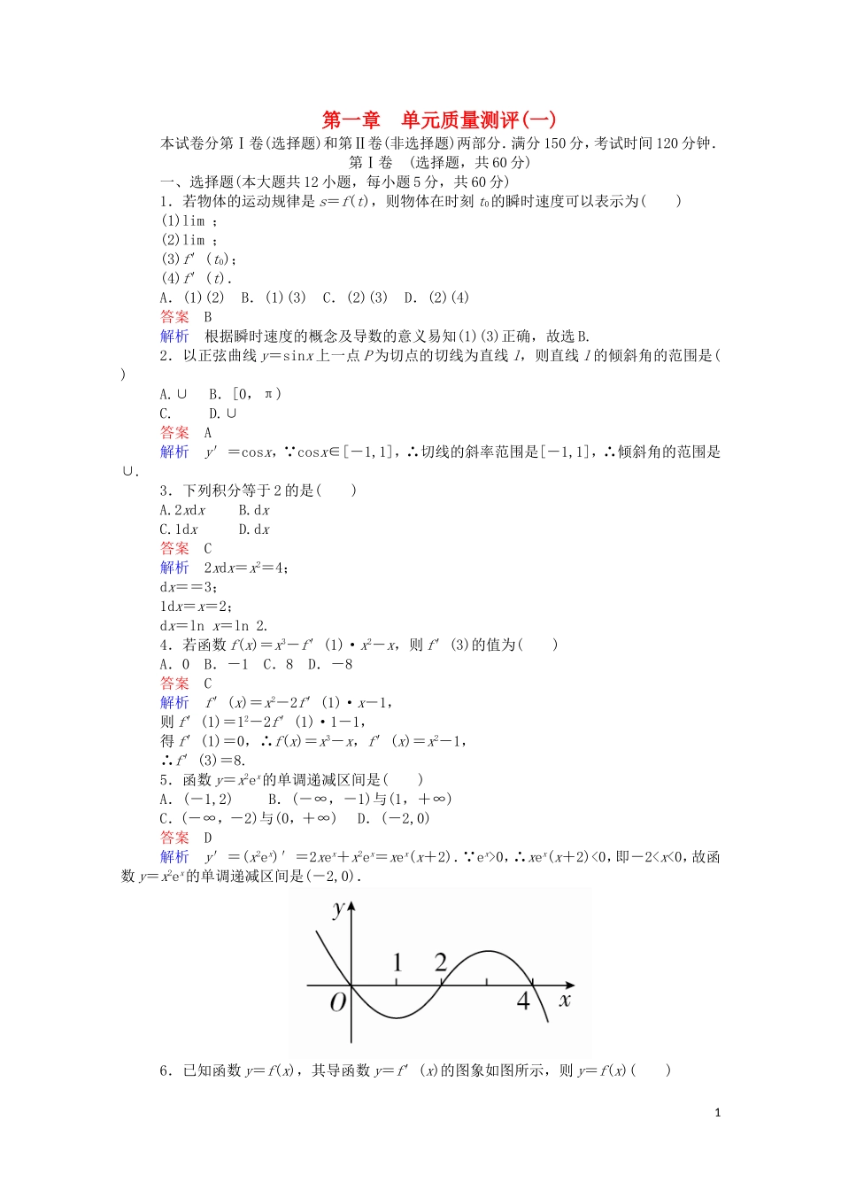高中数学 第一章 单元质量测评（一）（含解析）新人教A版选修2-2-新人教A版高二选修2-2数学试题_第1页