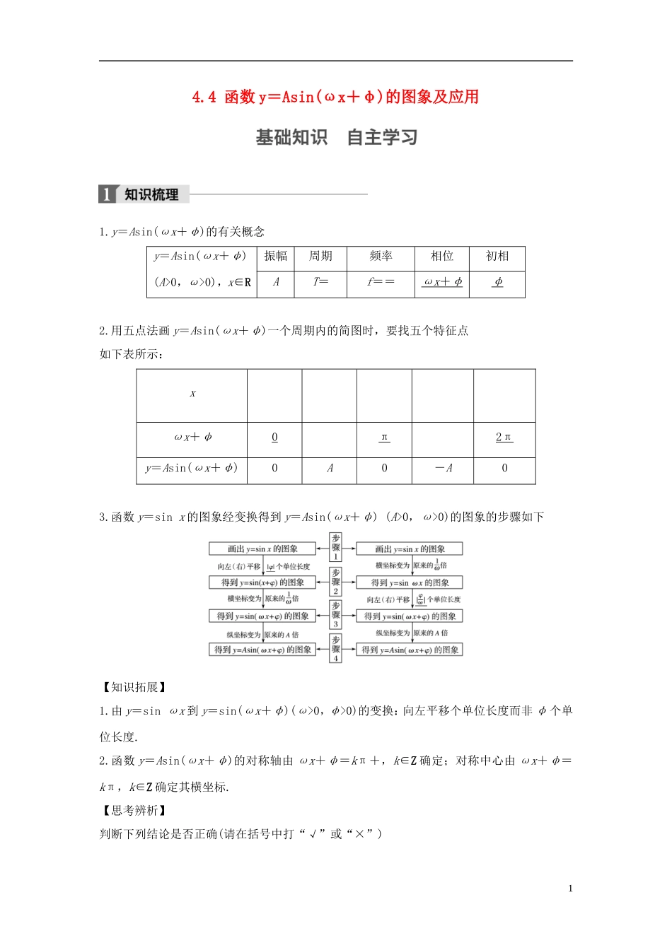 （江苏专用）高考数学大一轮复习 第四章 三角函数、解三角形 4.4 函数y＝Asin(ωx＋φ)的图象及应用教师用书 文 苏教版-苏教版高三全册数学试题_第1页