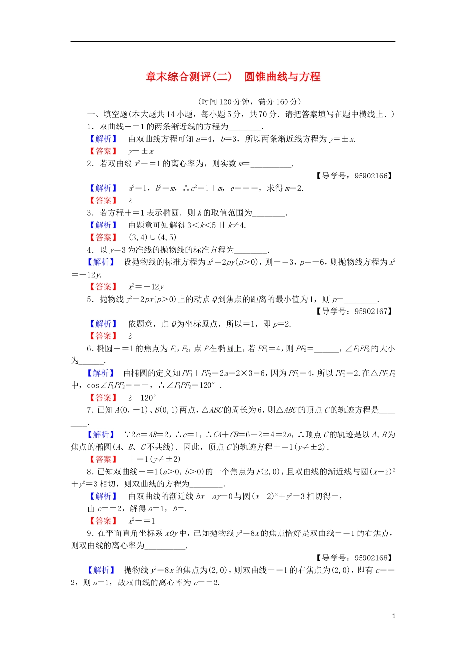 高中数学 章末综合测评2 圆锥曲线与方程 苏教版选修1-1-苏教版高二选修1-1数学试题_第1页