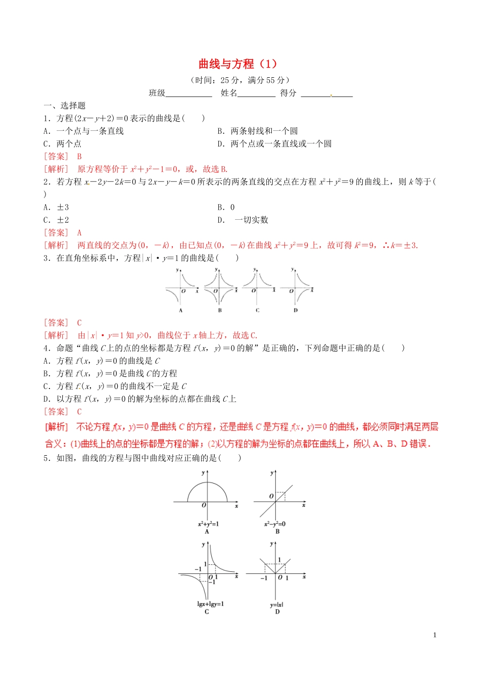 高中数学 专题2.1 曲线与方程（1）测试（含解析）新人教A版选修2-1-新人教A版高二选修2-1数学试题_第1页