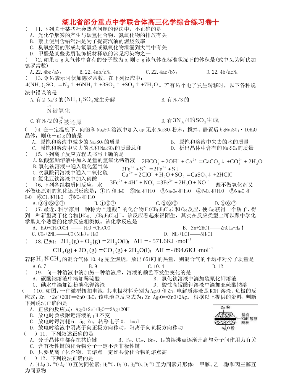 湖北省部分重点中学联合体高三化学综合练习卷十_第1页