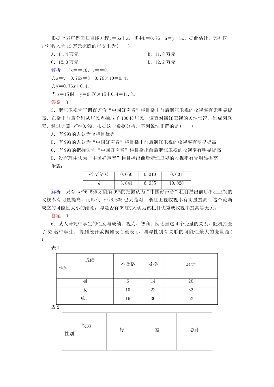 高考数学大一轮总复习 第十章 统计、统计案例及算法初步 计时双基练60 变量间的相关关系、统计案例 文 北师大版-北师大版高三全册数学试题_第2页
