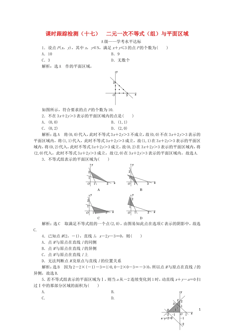 高中数学 课时跟踪检测（十七）二元一次不等式（组）与平面区域 新人教A版必修5-新人教A版高二必修5数学试题_第1页