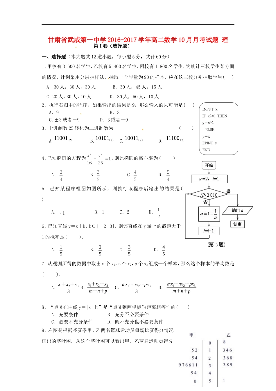 高二数学10月月考试题 理-人教版高二全册数学试题_第1页