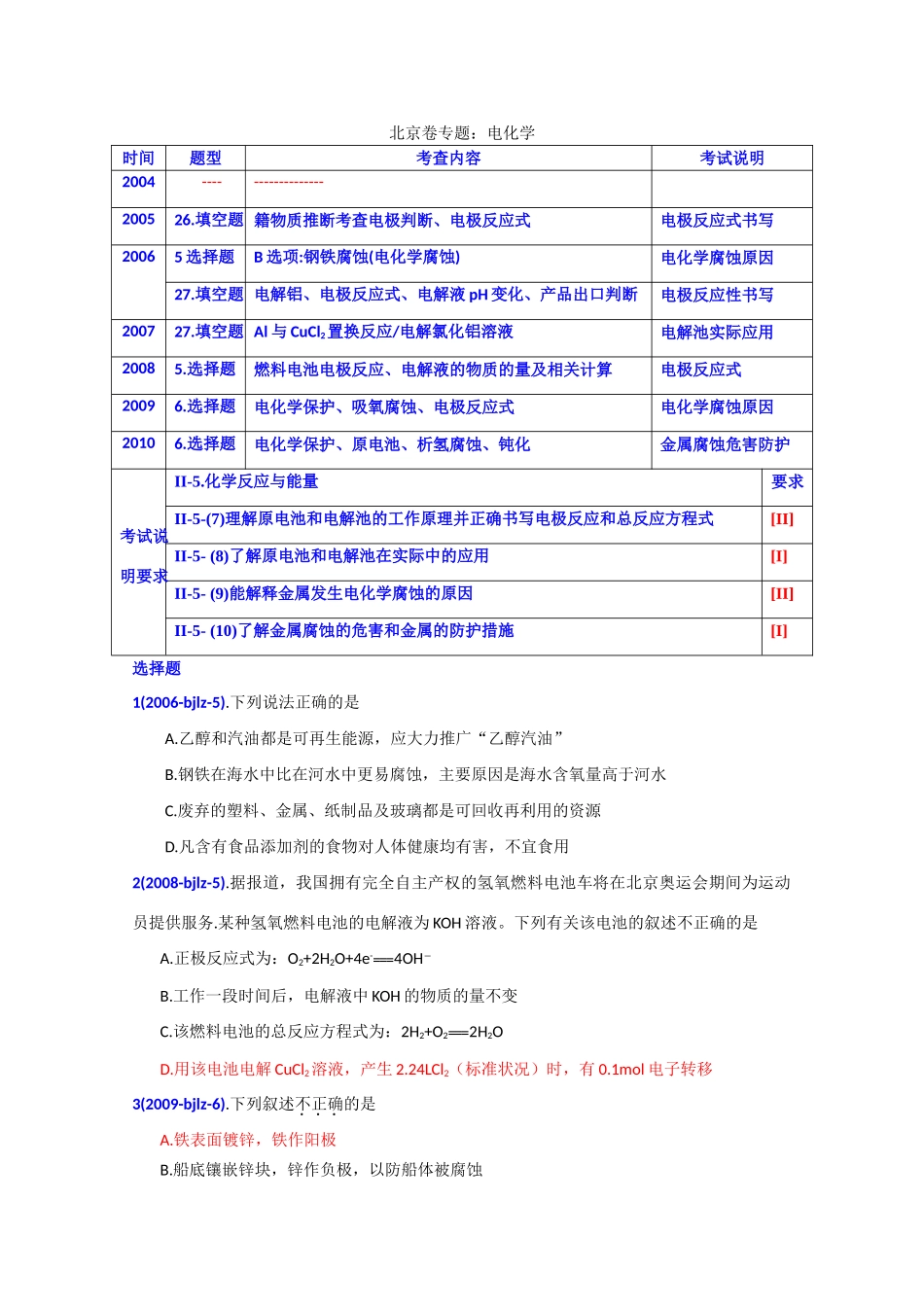 北京市高考化学 卷专题分析 电化学_第1页