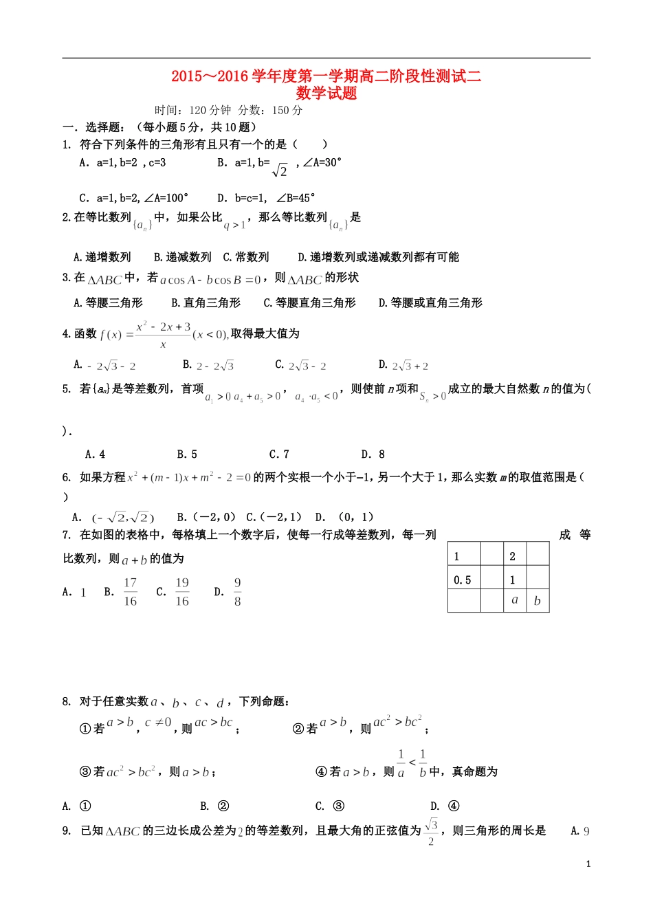 高二数学上学期第二次诊断性考试试题 理-人教版高二全册数学试题_第1页