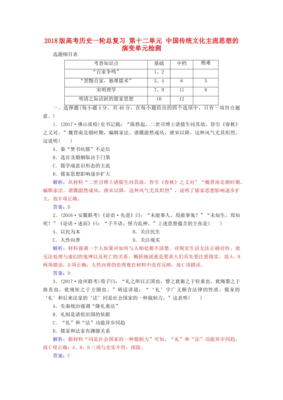 高考历史一轮总复习 第十二单元 中国传统文化主流思想的演变单元检测-人教版高三全册历史试题_第1页
