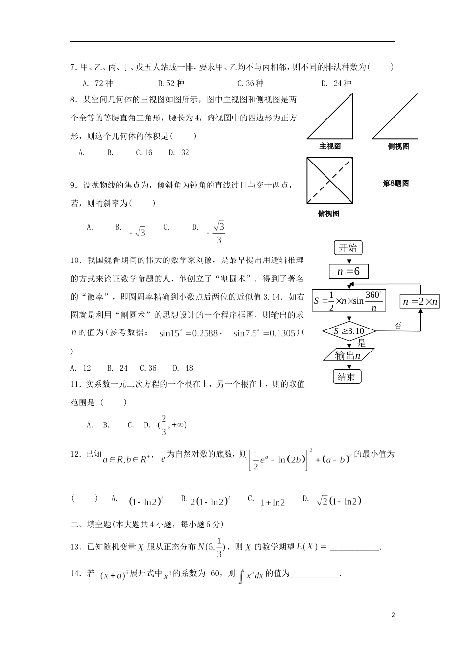 辽宁省高二数学下学期期中试题 理-人教版高二全册数学试题_第2页