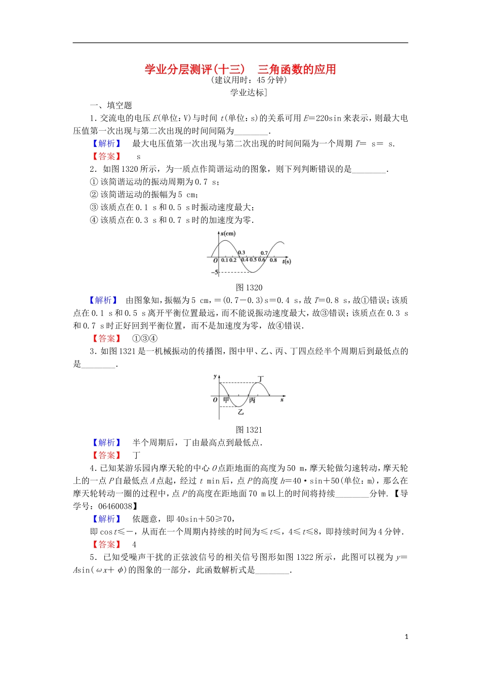 高中数学 第一章 三角函数 1.3.4 三角函数的应用学业分层测评 苏教版必修4-苏教版高二必修4数学试题_第1页