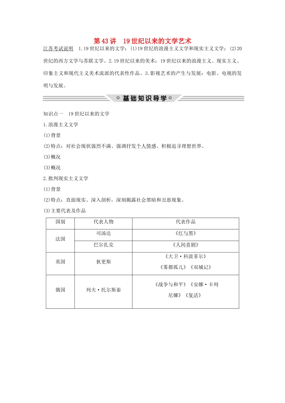 （江苏专用）高考历史总复习 专题十五 近现代中外科技与文化 第43讲 19世纪以来的文学艺术教师用书 人民版-人民版高三全册历史试题_第1页