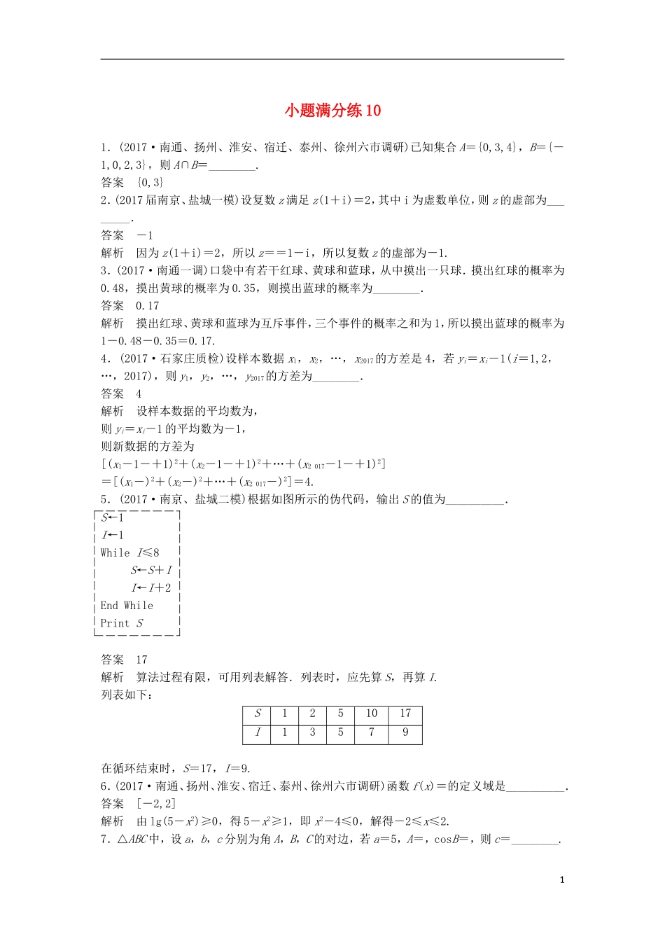 （江苏专用）高考数学总复习 考前三个月 小题满分练10 理-人教版高三全册数学试题_第1页