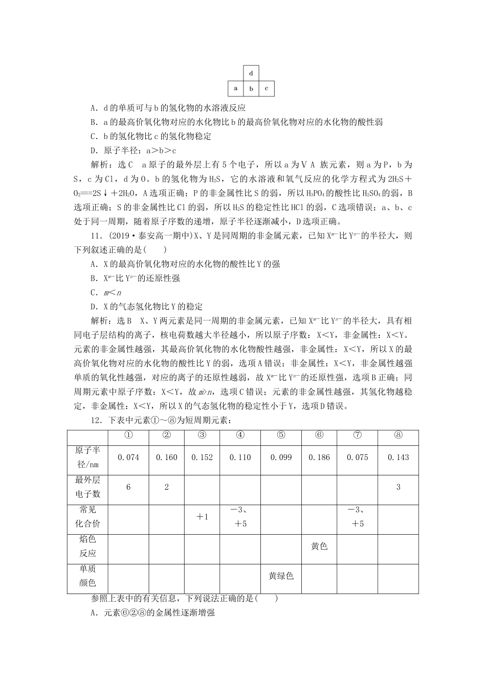 高中化学 课时跟踪检测（四）认识同周期元素性质的递变规律 鲁科版必修第二册-鲁科版高一第二册化学试题_第3页