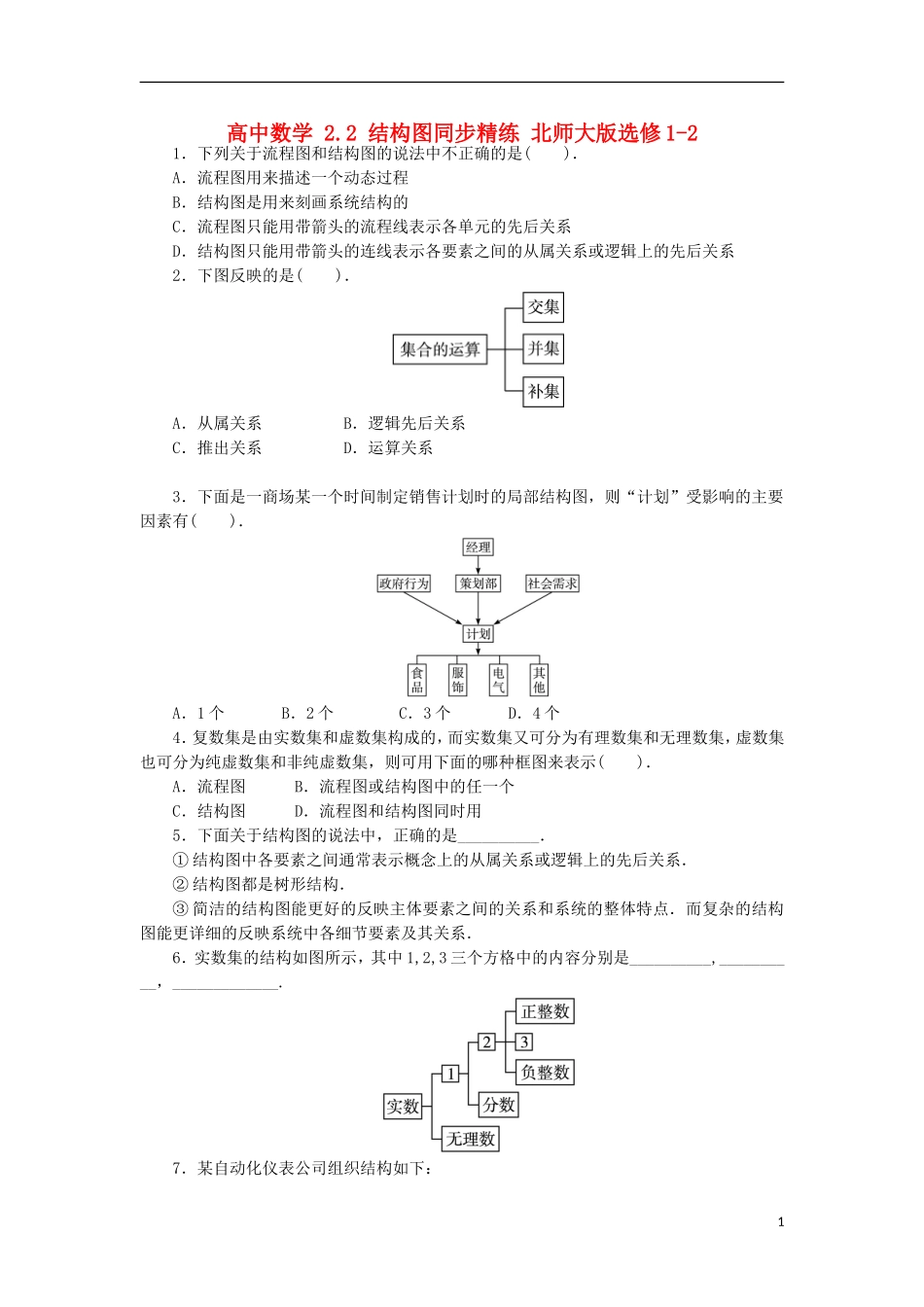 高中数学 2.2 结构图同步精练 北师大版选修1-2-北师大版高二选修1-2数学试题_第1页