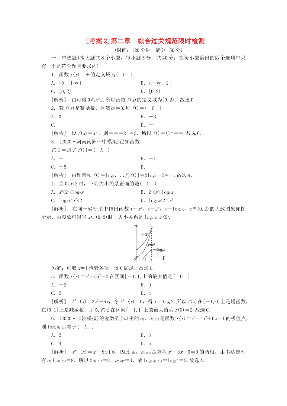 （山东专用）版高考数学一轮复习 考案2 第二章 函数、导数及其应用综合过关规范限时检测（含解析）-人教版高三全册数学试题_第1页