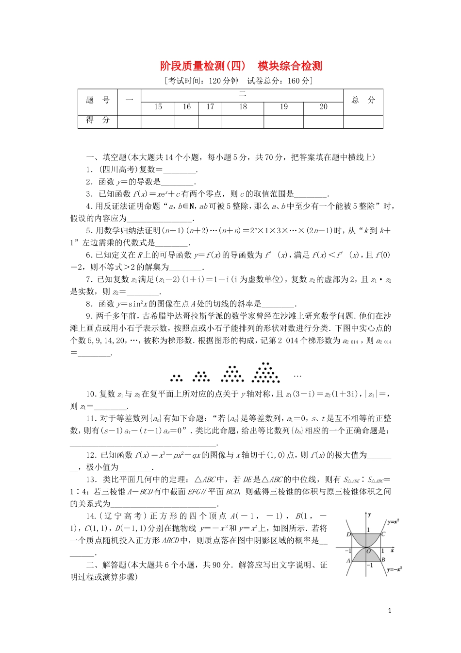高中数学 模块综合检测（含解析）苏教版选修2-2-苏教版高二选修2-2数学试题_第1页