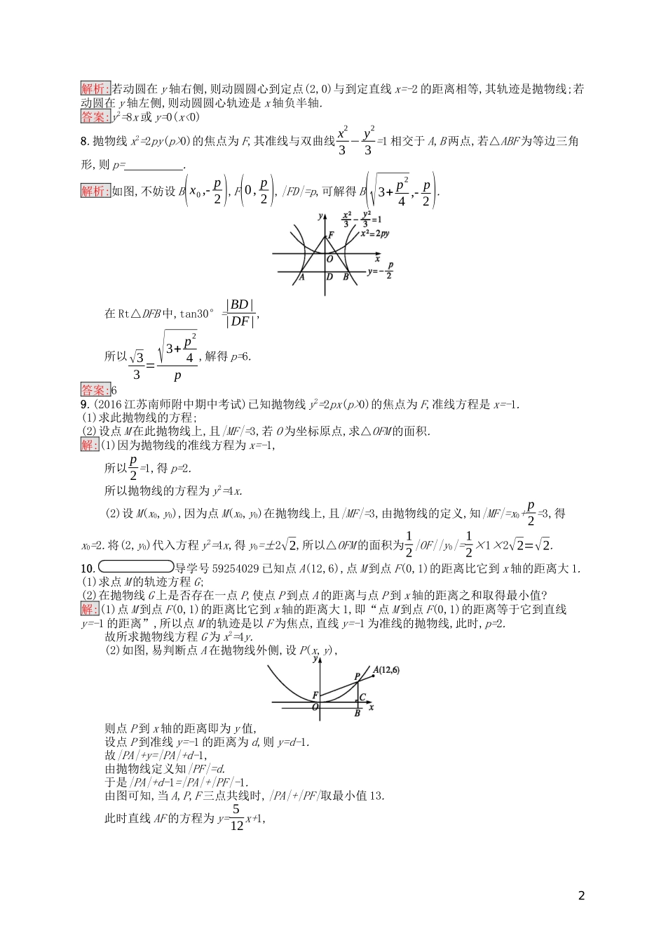 高中数学 第二章 圆锥曲线与方程 2.3.1 抛物线及其标准方程课后训练案巩固提升（含解析）新人教A版选修1-1-新人教A版高二选修1-1数学试题_第2页
