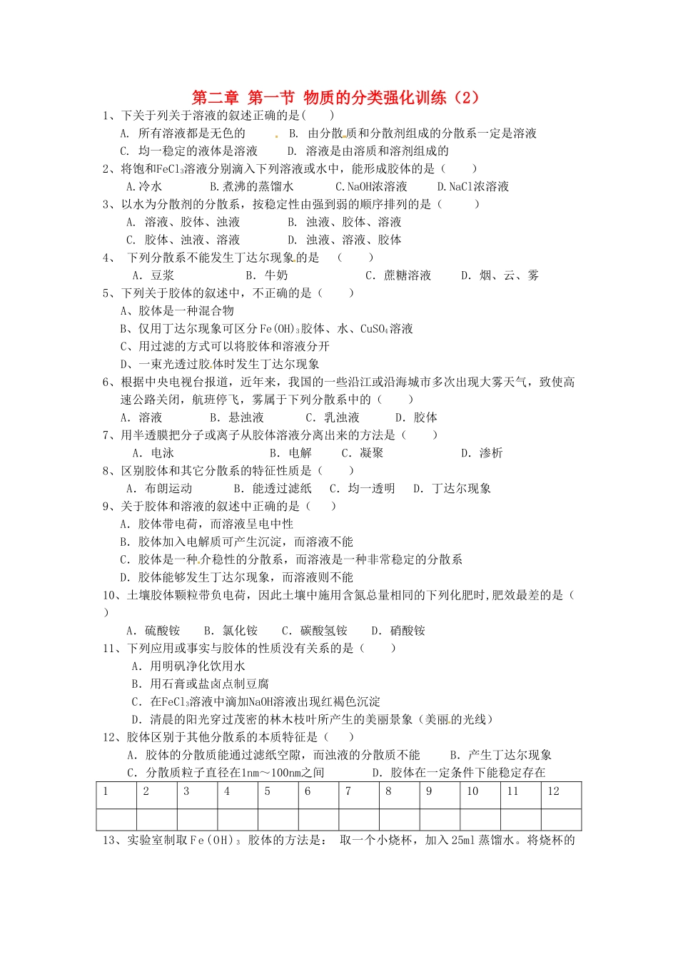 高中化学 2.1物质的分类强化训练（2）新人教版必修1-新人教版高一必修1化学试题_第1页