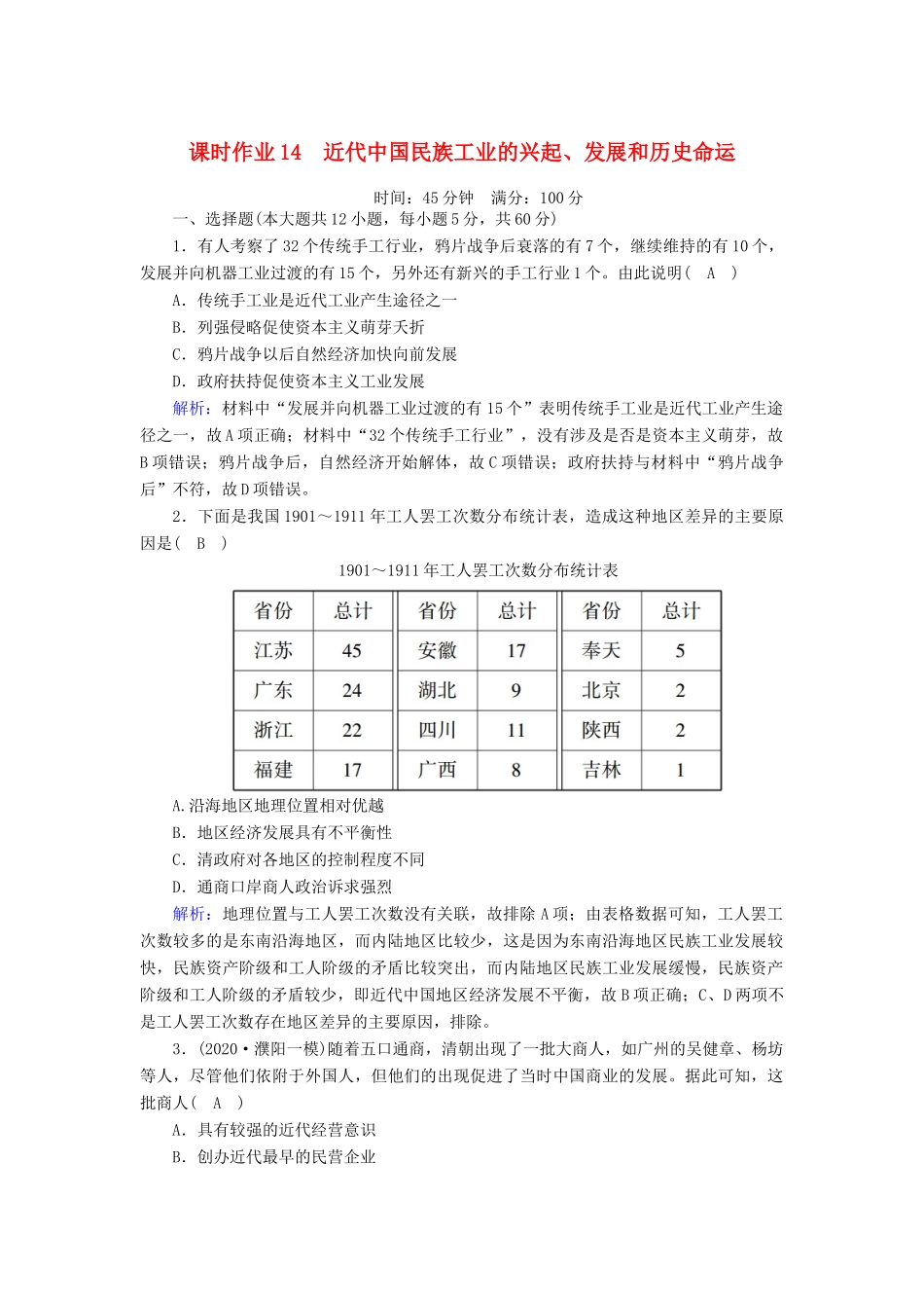 高考历史大一轮复习 课时作业14 近代中国民族工业的兴起、发展和历史命运（含解析）人民版-人民版高三全册历史试题_第1页