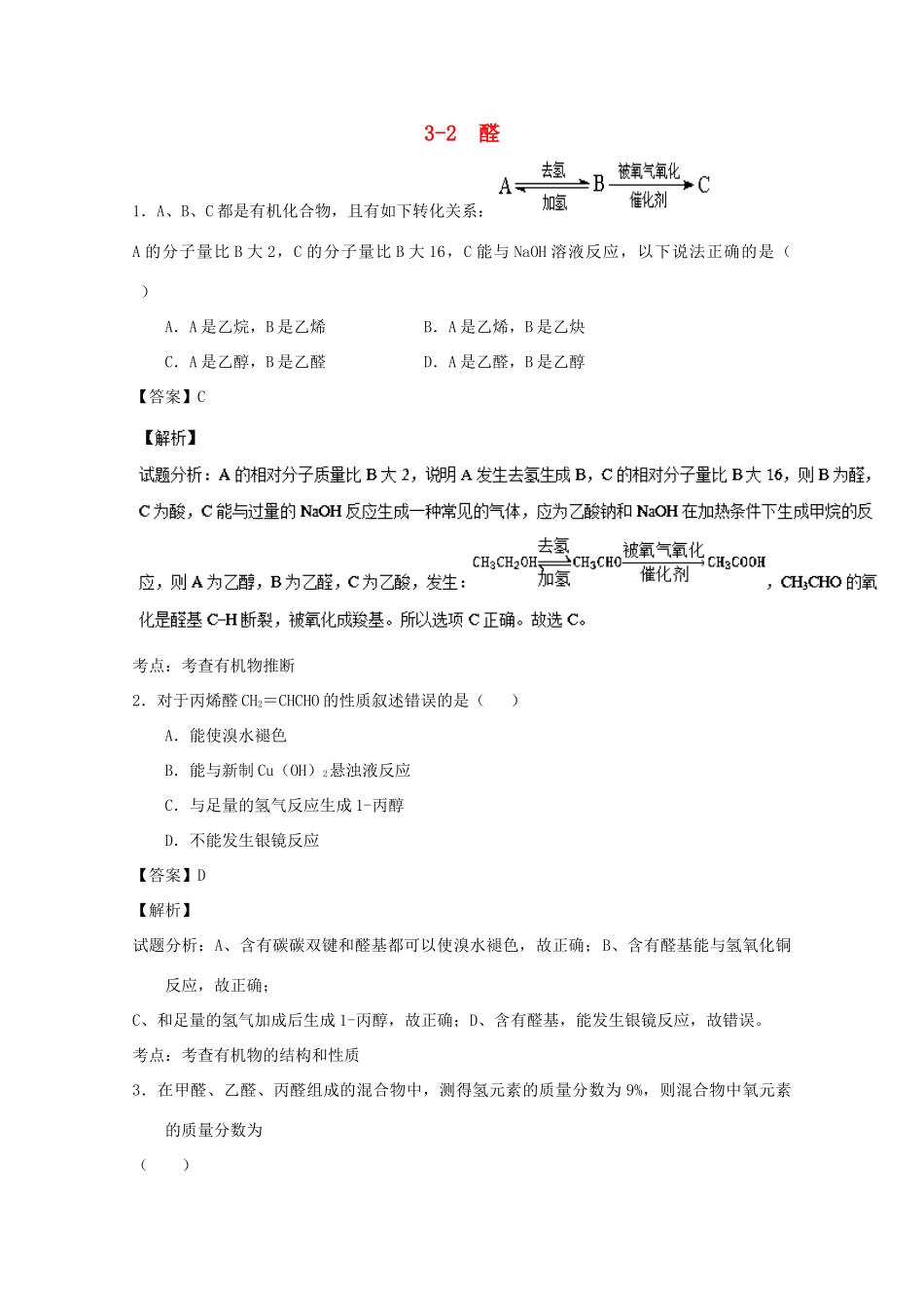 高中化学 专题3.2 醛（练）（含解析）新人教版选修5-新人教版高二选修5化学试题_第1页
