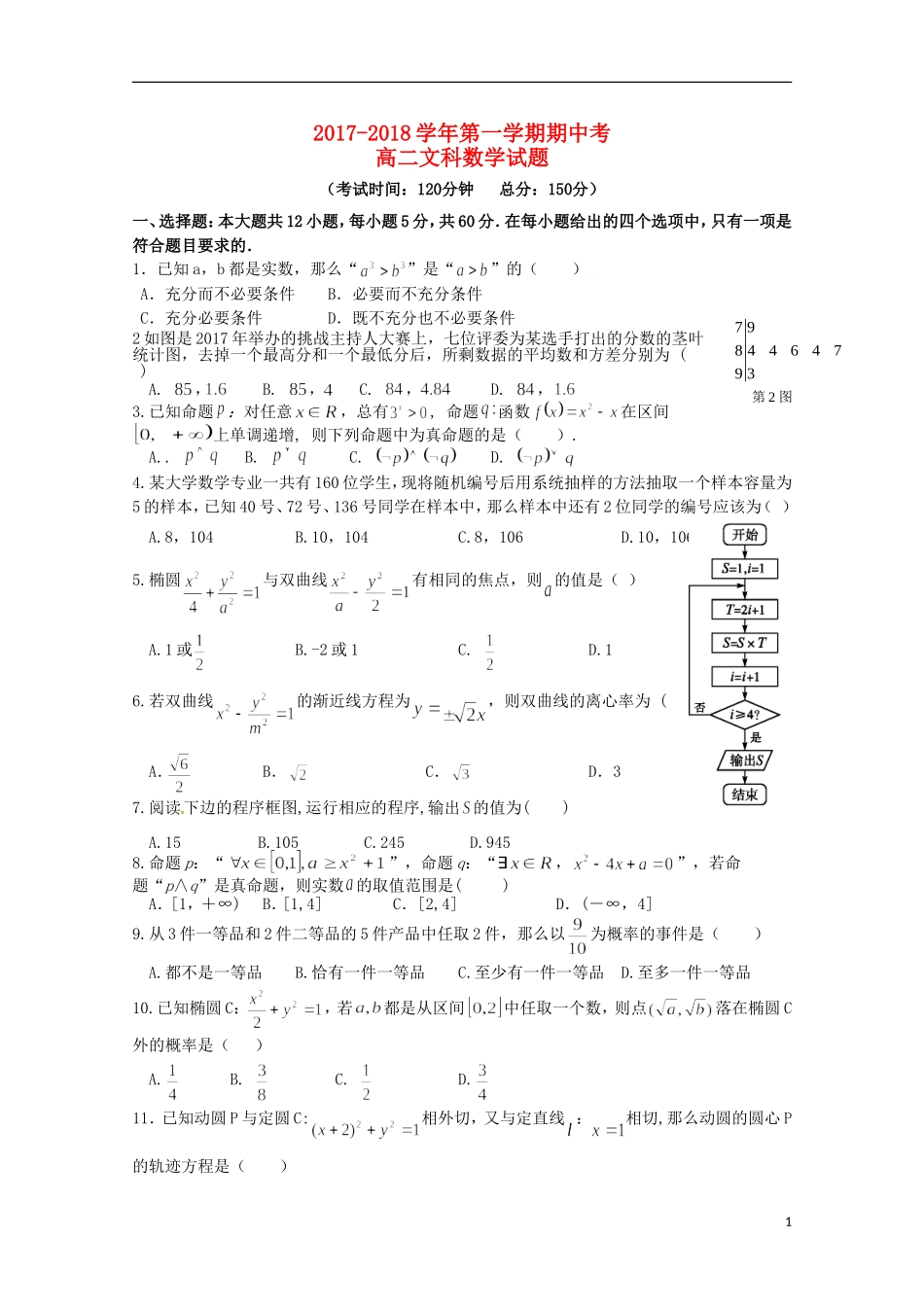 福建省泉州市泉港区高二数学上学期期中试题 文-人教版高二全册数学试题_第1页