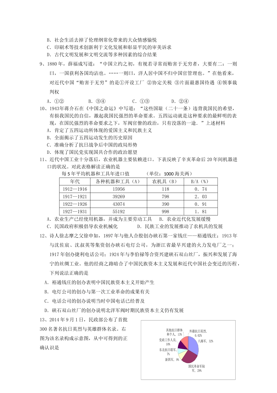 高一历史下学期分班考试试题-人教版高一全册历史试题_第2页