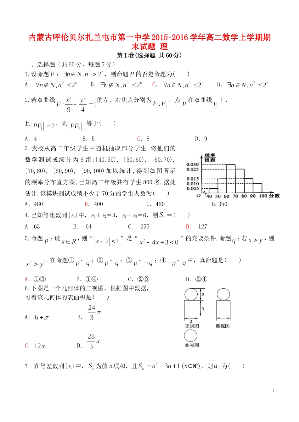 高二数学上学期期末试题 理-人教版高二全册数学试题_第1页