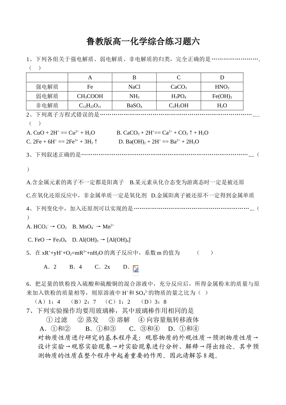 鲁教版高一化学综合练习题六_第1页