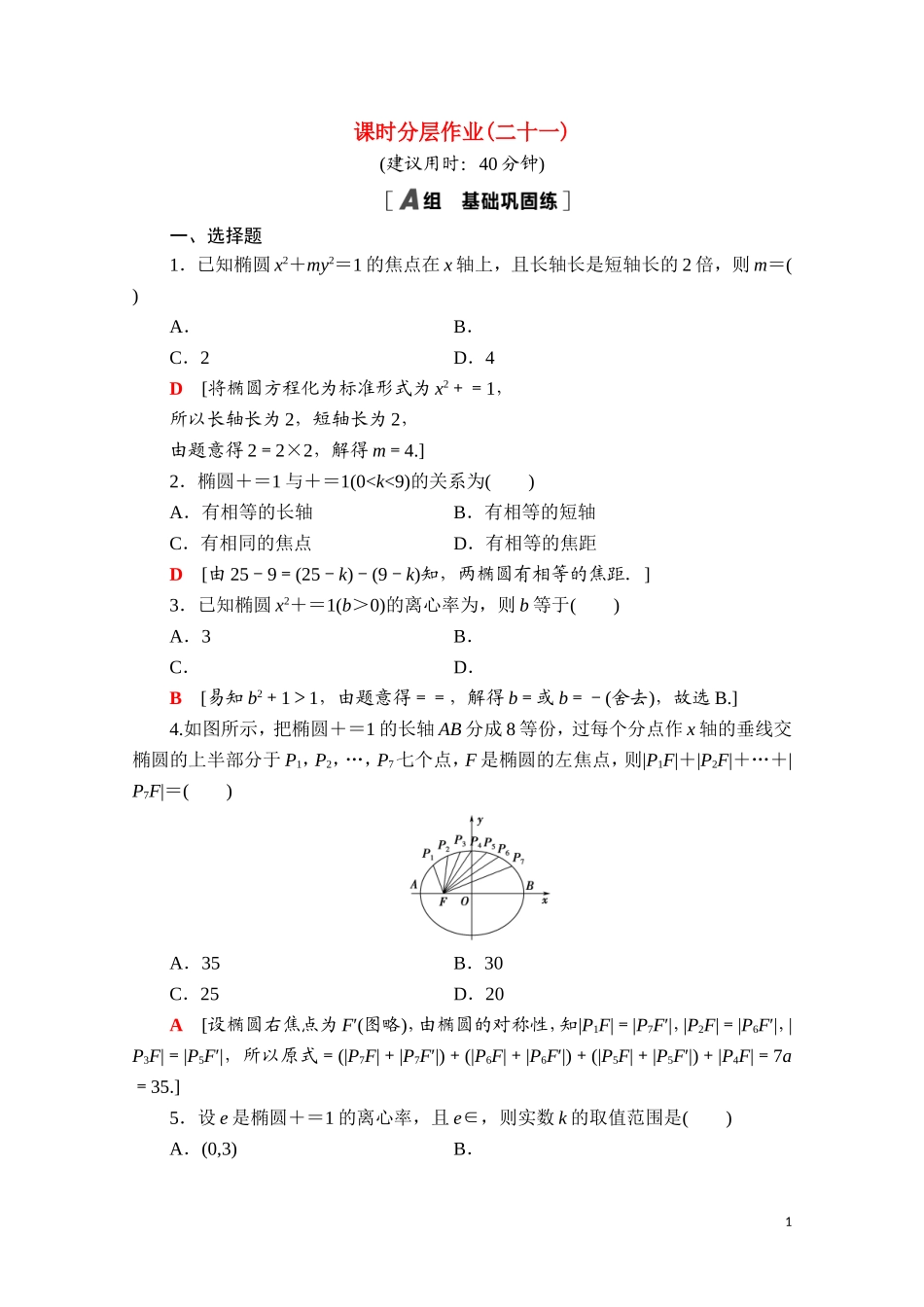 高中数学 第三章 圆锥曲线的方程 3.1.2 第1课时 椭圆的简单几何性质课时分层作业（含解析）新人教A版选择性必修第一册-新人教A版高二第一册数学试题_第1页