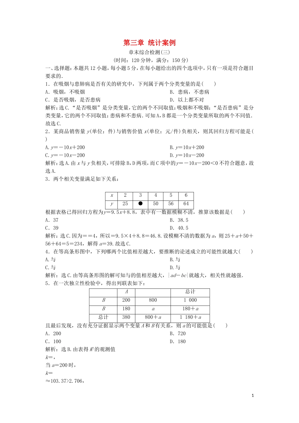 高中数学 第三章 统计案例章末综合检测 新人教A版选修2-3-新人教A版高二选修2-3数学试题_第1页