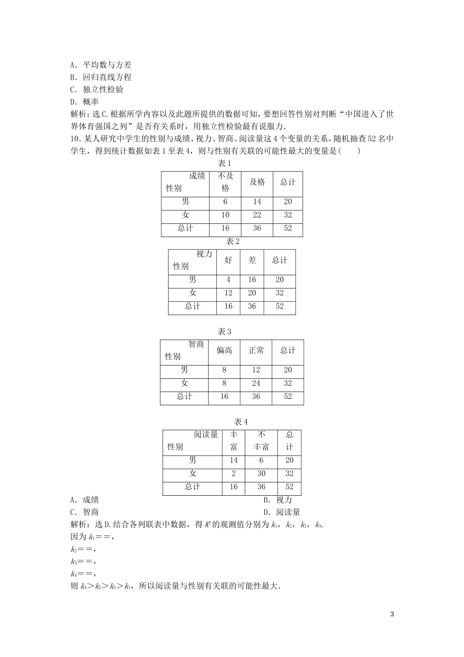 高中数学 第三章 统计案例章末综合检测 新人教A版选修2-3-新人教A版高二选修2-3数学试题_第3页