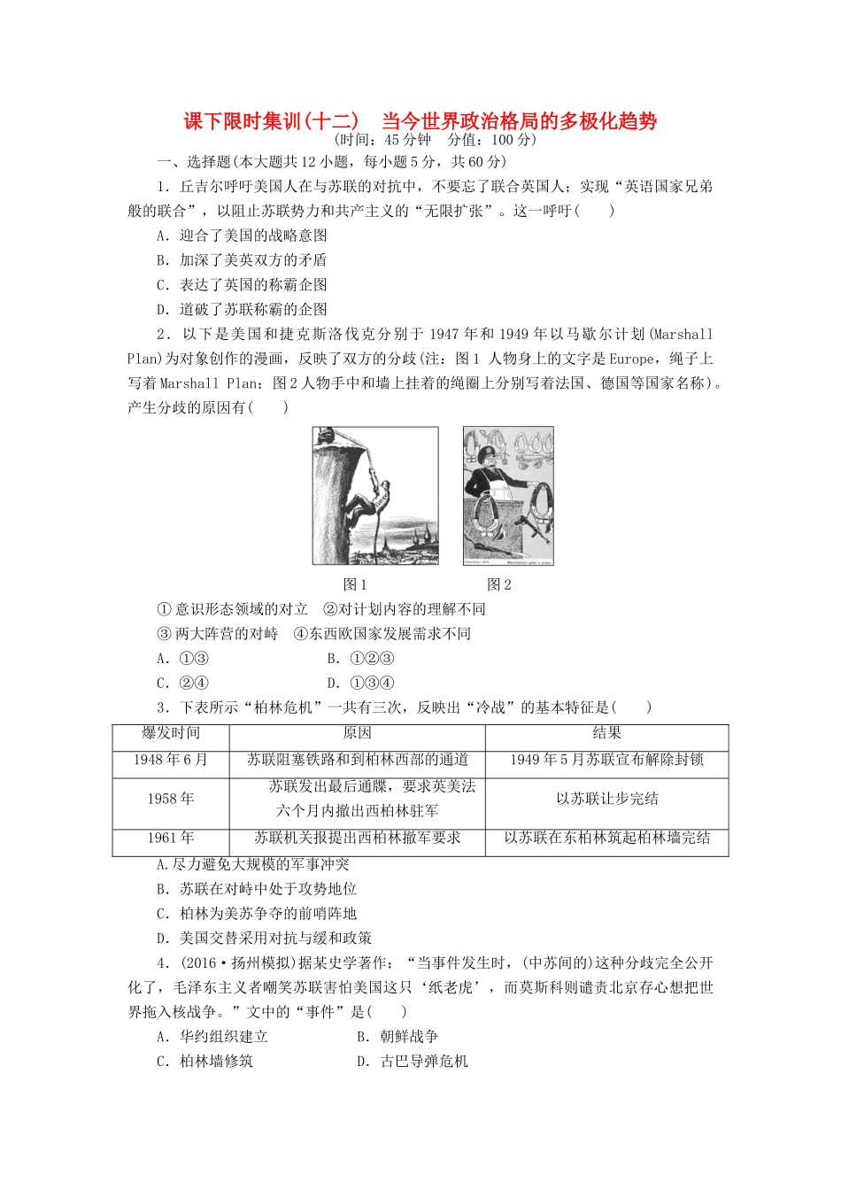 （新课标）高考历史总复习 十二 当今世界政治格局的多极化趋势课下限时集训-人教版高三全册历史试题_第1页