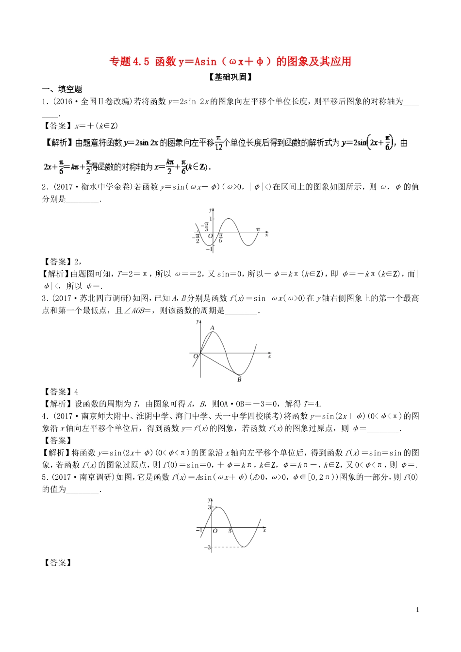 （江苏版）高考数学一轮复习 专题4.5 函数y＝Asin（ωx＋φ）的图象及其应用（练）-江苏版高三全册数学试题_第1页