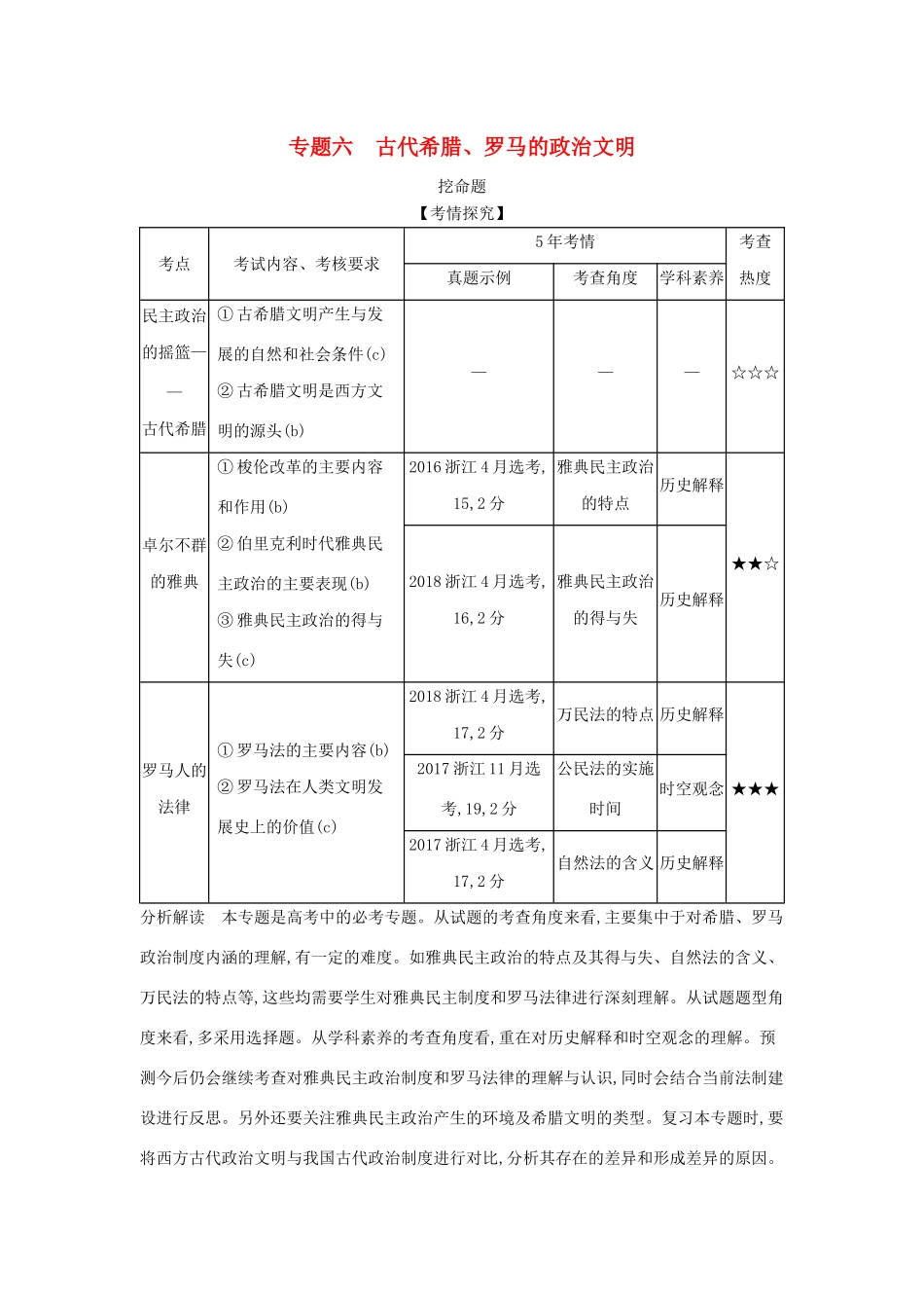 （浙江专版 ）高考历史一轮总复习 专题六 古代希腊、罗马的政治文明教师用书（含解析）-人教版高三全册历史试题_第1页