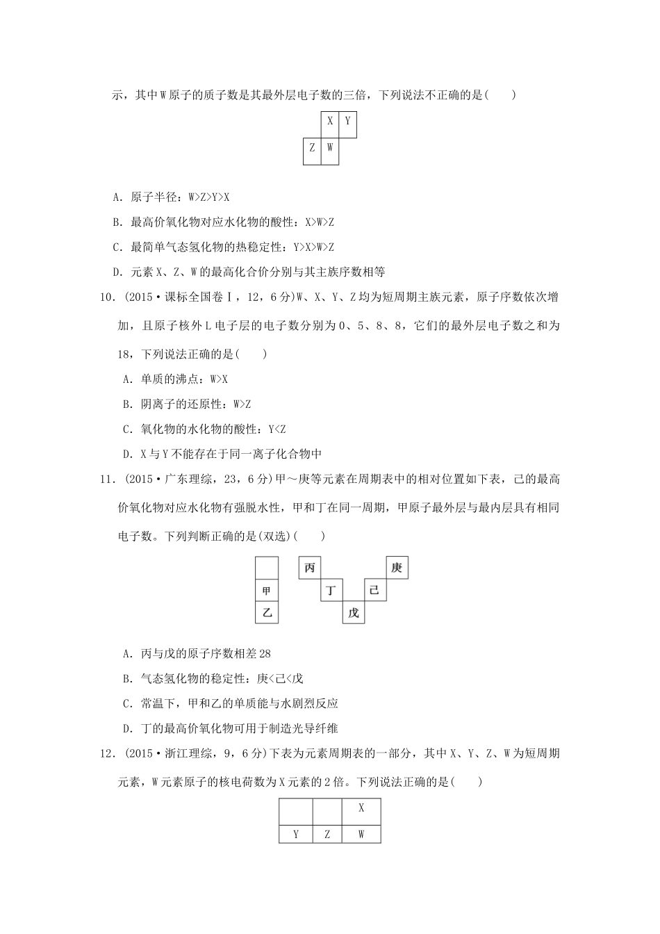 三年高考两年模拟高考化学专题汇编 专题六 元素周期律和元素周期表-人教版高三全册化学试题_第3页