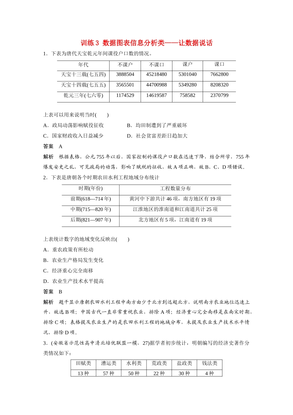 高考历史三轮冲刺 高考题型训练 选择题分型练 训练3 数据图表信息分析类——让数据说话-人教版高三全册历史试题_第1页