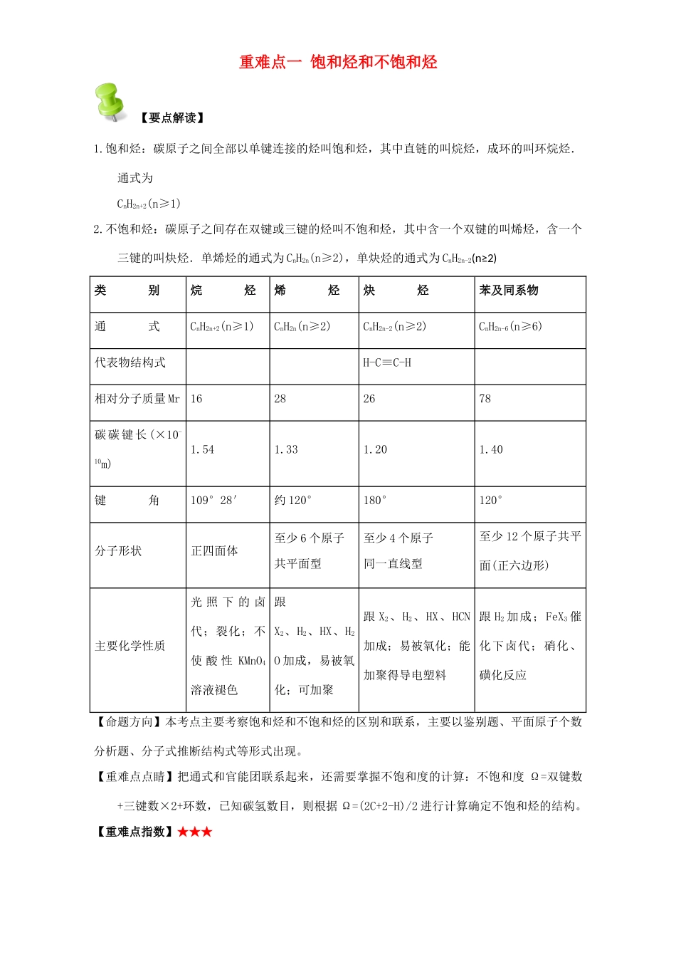 高中化学 第二章 烃和卤代烃 重难点一 饱和烃和不饱和烃（含解析）新人教版选修5-新人教版高二选修5化学试题_第1页